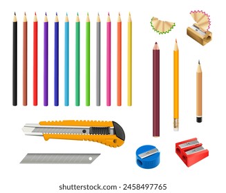 Set of colored sharpened pencils and sharpeners on a white background. School supplies. Vector illustration