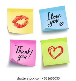 Set of colored sheets of note papers with text and signs. Vector illustration. Notes for valentines day