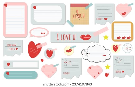 set of colored sheets, paper stickers of different shapes with hearts, lips, inscriptions "I love you", funny faces, torn edges glued with sticky tape, isolated on a white background.Vector.