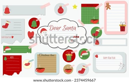 set of colored sheets, paper stickers of different shapes with New Year and Christmas items, inscriptions:gifts,sweets,a sock,a bell, Santa hat,cocoa,torn edges,sealed with sticky tape,isolated.Vector