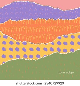 Set of colored sheets of paper with torn edges with shadow and chidish hand drawn pattern decoration. Naive realistic vector illustration