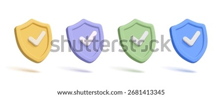 Set of colored shields with check mark, 3D. Modern icons for concepts of protection, security, reliability, verification, technology, science, education. Vector illustration.