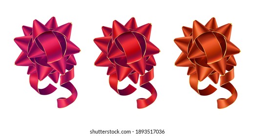 A set of colored shiny bows in red shades on a felic background. Bows for presentations, postcards, illustrations for Valentine's Day, Christmas and Birthday. Vector illustration