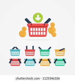 Set of colored shopping basket. Flat design