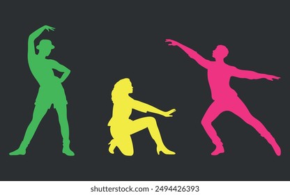 Set of colored silhouettes of dancers. Vector on black background