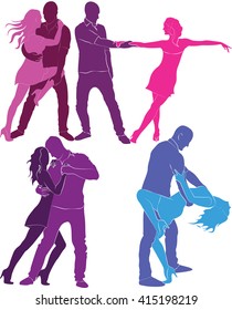 Set colored silhouettes of dancing couples.