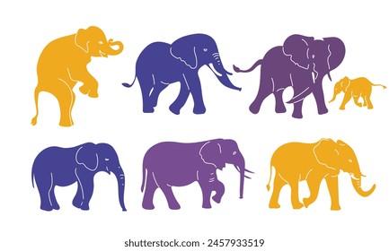 Set  colored silhouettes of elephants. Vector illustration on a white background