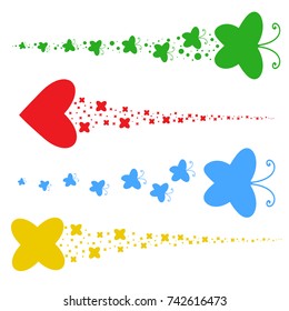Set of colored silhouettes. A flock of abstract flat butterflies, hearts, stars flying one after another.