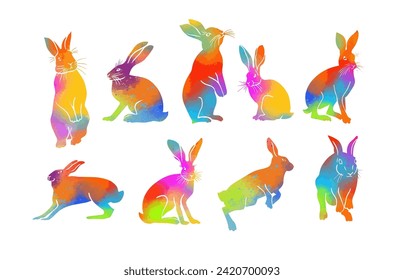 Set of colored silhouettes of hares. hand drawing. Not AI. Vector illustration