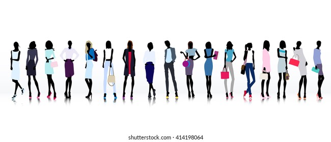 Set of colored silhouettes of high fashion clothed women