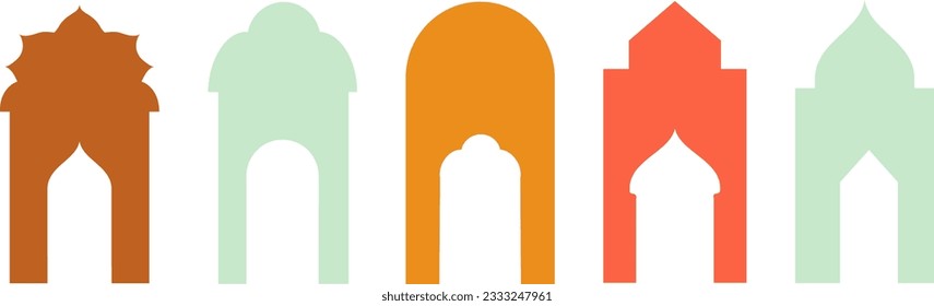 Set of colored silhouettes of Islamic windows.Arab frame set.Ramadan kareem simbol icon.