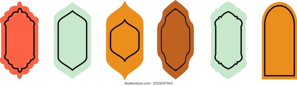 Conjunto de siluetas de colores de las ventanas islámicas.Conjunto de marcos árabes.Icono de símbolo de kareem de Ramadán.