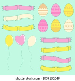 Set of colored silhouettes of isolated Easter eggs, balloons and ribbons of banners on a blue background. With an abstract pattern. Simple flat vector illustration. Suitable for decoration of postcard