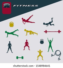 Set of colored silhouettes and symbols - exercises for a slim body - vector. Fitness Sport Club.