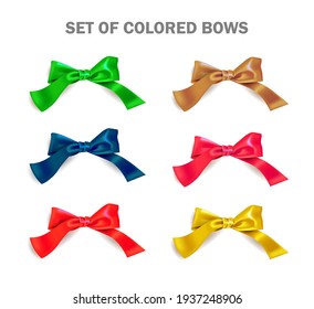a set of colored silk bows made of satin or silk ribbons. Vector illustration of isolated elements for design postcards, advertising on a white background. Gift, holiday or surprise symbol.