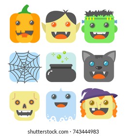 set of colored simple cartoon square flat art icons on a theme of Halloween 