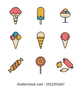 Set of colored Simple different sweets icon in trendy line style isolated on white background for web apps and mobile concept. Vector Illustration. EPS10