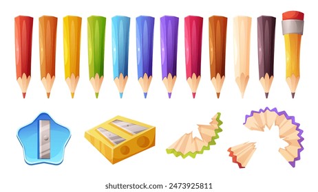 Set of colored and simple pencils, funny kids sharpeners, sawdust. Vector cartoon illustration on white background