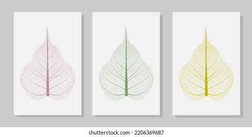 Set of colored skeleton leaves on white background. Minimal botanical wall art. Plant art design for print, cover, postcards, posters, stickers, wall decor and wallpaper. Vector illustration. EPS10