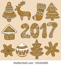 Set of colored sketch gingerbread elements for christmas and new year: deer, 2017, tree, decoration, gift sock, house with snow, snowflakes, beige background