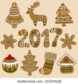 Set of colored sketch gingerbread elements for christmas and new year: deer, 2017, christmas tree, decoration, christmas gift sock, house with snow, snowflakes