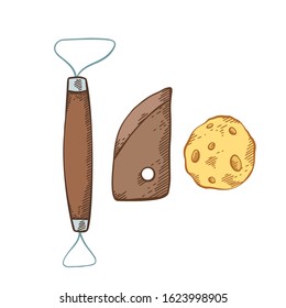 Set of colored sketch of tools for pottery with hatching. Hobbies and workshop. The object is separate from the background. Vector element for greeting cards, labels and your creativity.
