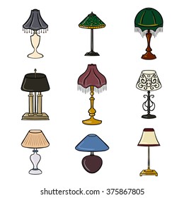 Set of colored sketched table lamps with lampshades. Vector illustration. Set of isolated colored black contoured objects on white background.