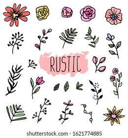 set of colored sketches and line doodles, hand drawn design elements, isolated flowers, leaves, herbs, for decoration prints, labels, patterns, vector illustration. Lettering Rustic. Colored herb