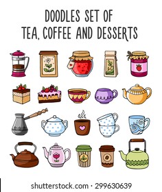 Set of colored sketches of teapots, cups, tea, coffee and desserts. Doodle style.