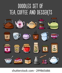 bunte Skizzen von Tee, Tassen, Tee, Kaffee und Desserts. Doodle-Stil.