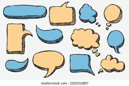 Set of Colored sketchy hand drawn thought and speech bubbles, empty speech bubble hand drawn doodle sketch of speech bubbles, text balloon set