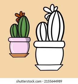 A set of colored and sketh pictures. Round green cactus with a flower in a pink ceramic pot, vector illustration on a light background