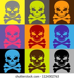 Set of colored skulls with crossbones. Vector illustration.