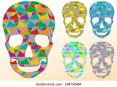 A set of colored skulls with ornaments in the style of "sugar loaf"