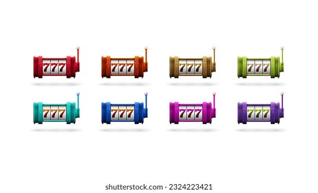 Set of colored slot machines with jackpots isolated on white background