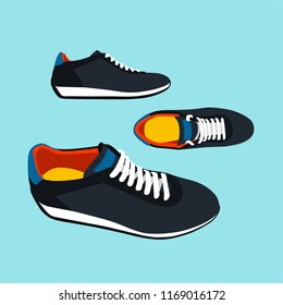 Set of colored sneakers on blue background