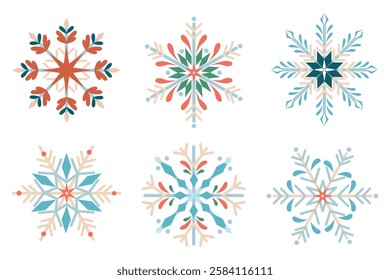 Set of colored snowflakes in cartoon style.Vector illustration of geometric snowflakes of different shapes: green, red, blue, beige isolated on white background. Winter decorations. Christmas symbols.