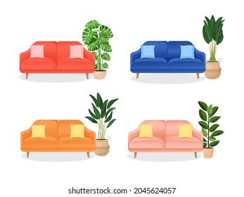 Set of colored sofa with pillows and a house plant of ficus, monstera on an isolated white background. Vector illustration of comfortable home couch for interior design. Contemporary furniture.