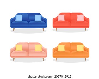 Set of colored sofa with pillows on an isolated white background. Vector illustration of comfortable home couch for interior design. Contemporary furniture. Collection of sofas in flat cartoon style.