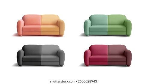 A set of colored soft sofas, 3D. For leisure, interior, home, and office design concepts, production of upholstered furniture. Modern simple stylish design of sofas on a white background. Vector