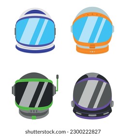 Conjunto de cascos espaciales de colores de diferentes formas en estilo de dibujos animados. Ilustración vectorial de diferentes cascos para astronautas para la exploración espacial aislados en fondo blanco.