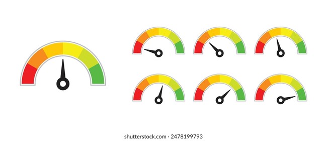 Set of colored speedometer or thermometer scales with arrows, connection speed icon.