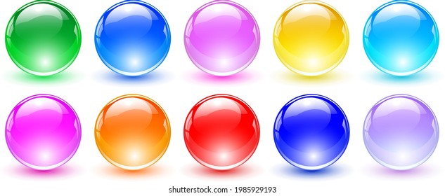 Conjunto de esferas de colores, colección de bolas de vidrio brillante y brillante 3D de color, ilustración multicolor vectorial.
