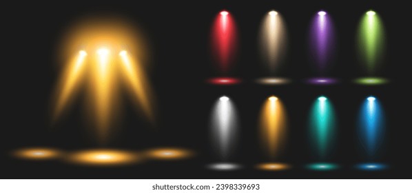 A set of colored spotlights to illuminate the stage with rays on a black background. Luminous transparent lighting effects. Vector illustration.