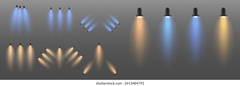 Set of colored spotlights light, bright illumination light.