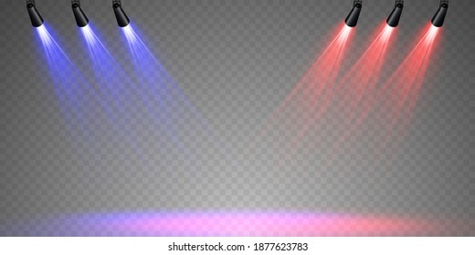 Set of colored spotlights on a transparent background. Bright lighting with spotlights. Spotlight red, blue.