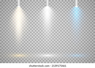 Conjunto de focos de colores sobre un fondo transparente. Luces luminosas con focos. Blanco, azul, amarillo.
