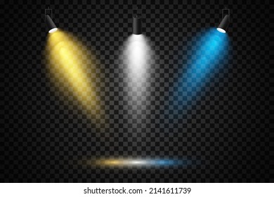 Set of colored spotlights on a transparent background. Bright lighting with spotlights. Spotlight white, blue, yellow.
