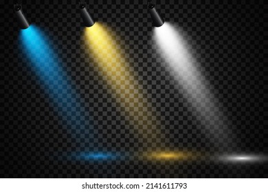 Set of colored spotlights on a transparent background. Bright lighting with spotlights. Spotlight white, blue, yellow.
