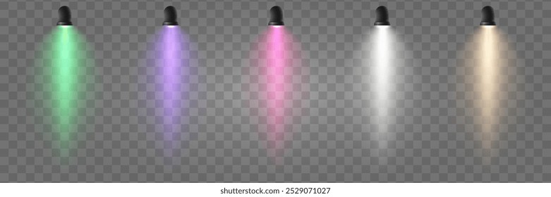Conjunto de focos de colores sobre un fondo transparente.  Conveniente para la decoración del escenario, la iluminación del partido o los efectos visuales. Vector.